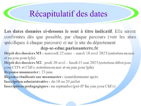 Dates dossiers masters 2023